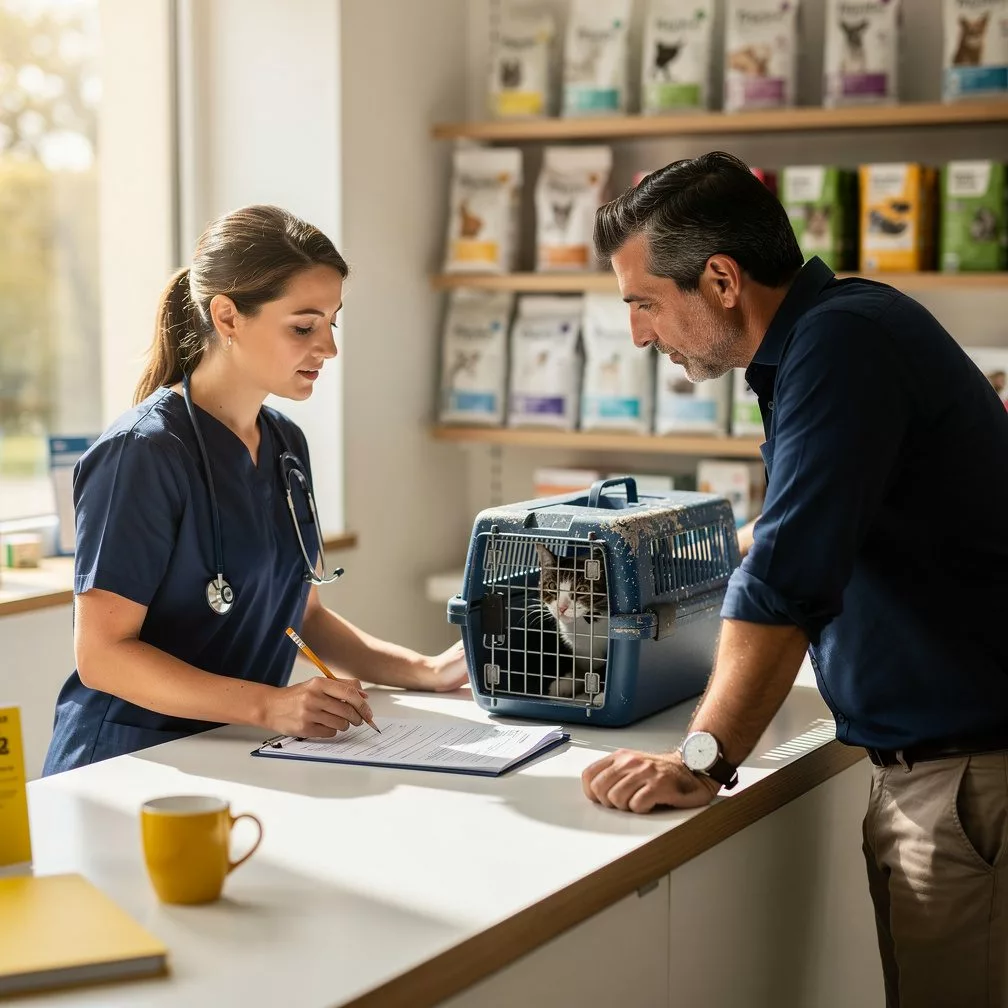 Vétérinaire présentant un contrat de soin à un propriétaire de chat à l’accueil de la clinique